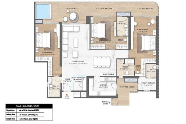 3 BHK + Utility Floor Plan